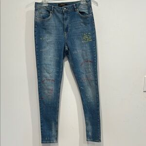 Supertrash embroidered Y2K message Blue Skinny Jeans women’s 30 nwot
